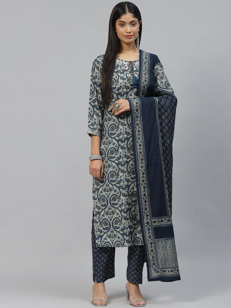 Divena Blue Ethnic Motif Muslin straight Kurta Pant Set with Dupatta - divena world