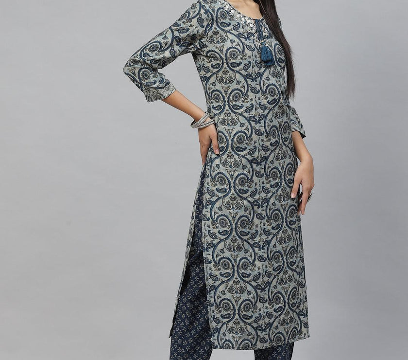 Divena Blue Ethnic Motif Muslin straight Kurta Pant Set with Dupatta - divena world