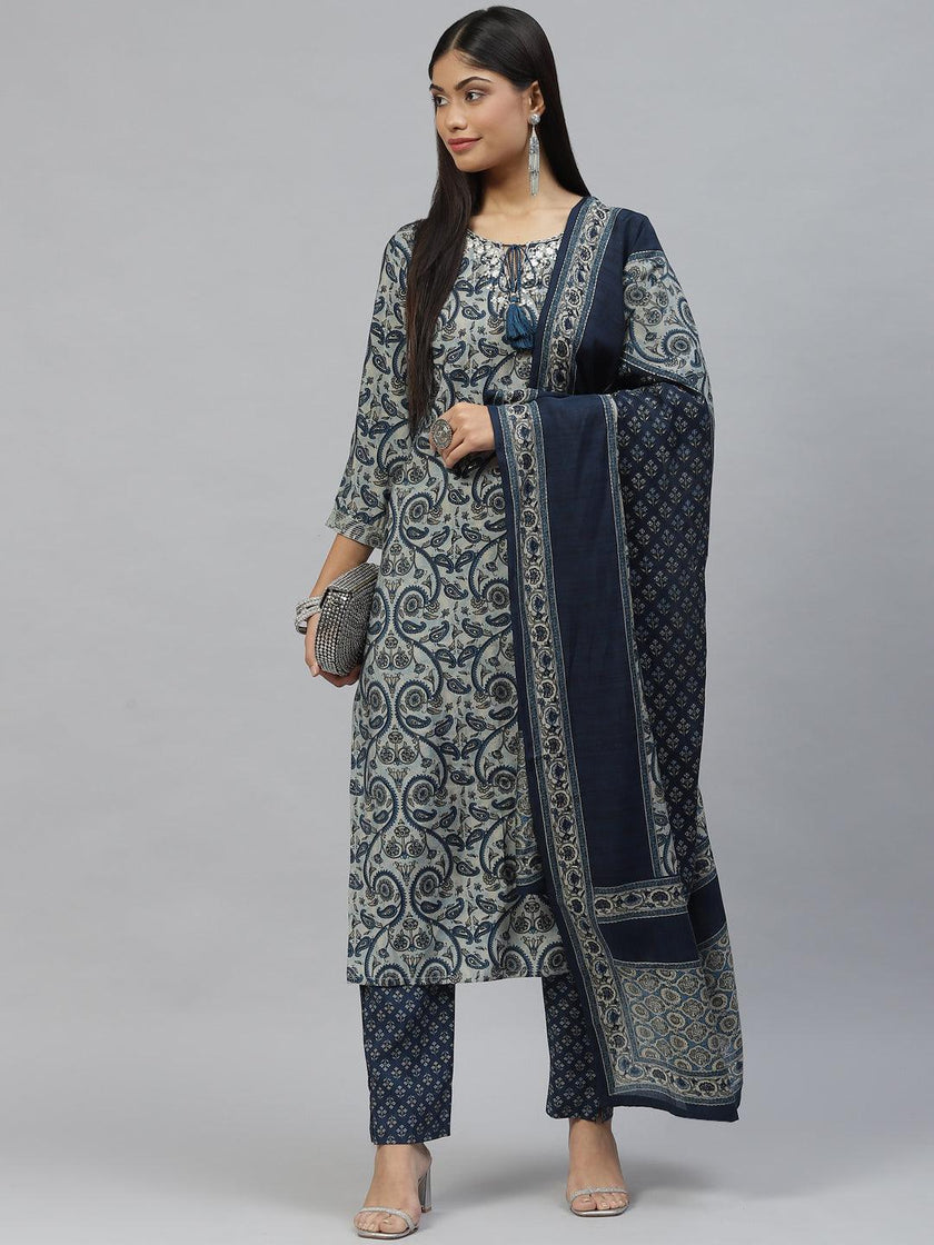 Divena Blue Ethnic Motif Muslin straight Kurta Pant Set with Dupatta - divena world