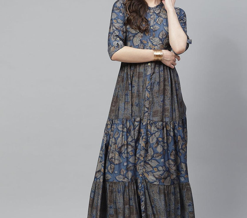 Divena Blue Muslin Tiered with Gathered Kurta with Front Slits - divena world