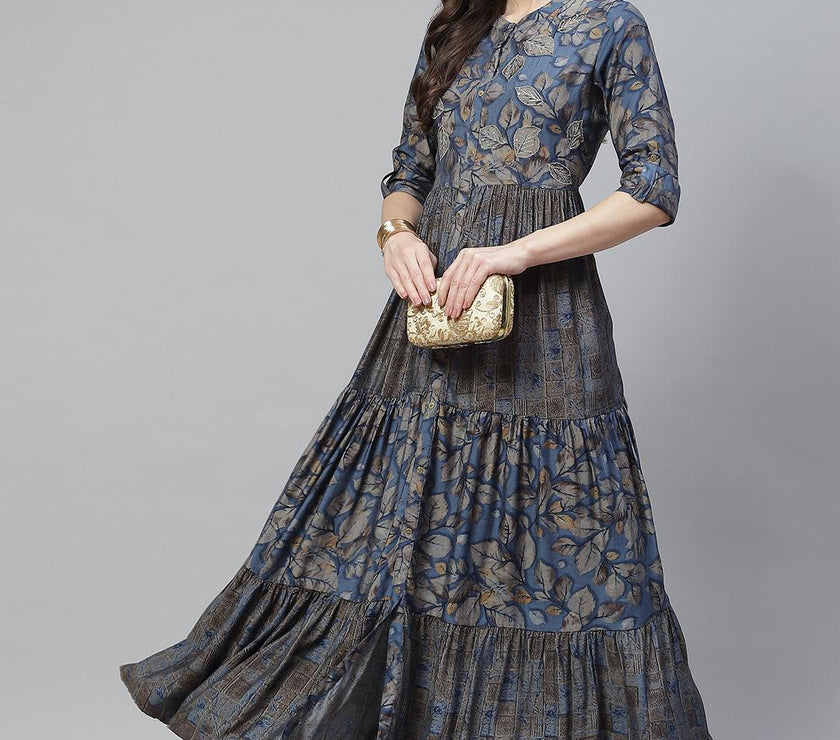 Divena Blue Muslin Tiered with Gathered Kurta with Front Slits - divena world