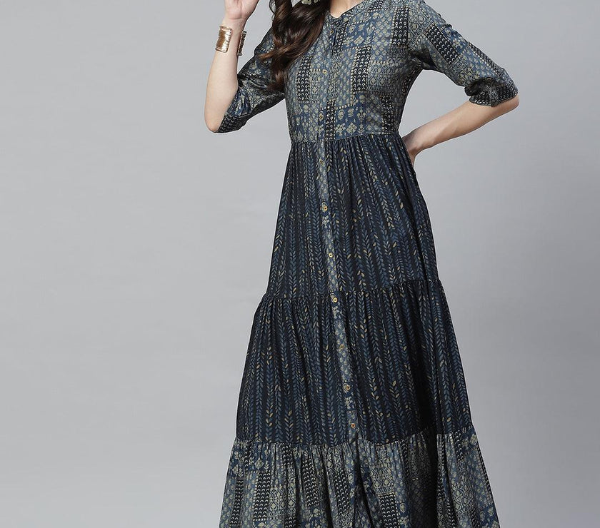 Divena Blue Muslin Tiered with Gathered Kurta - divena world