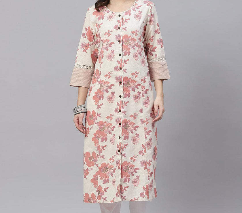 Divena Cream Floral cotton flex A-Line Kurta - divena world