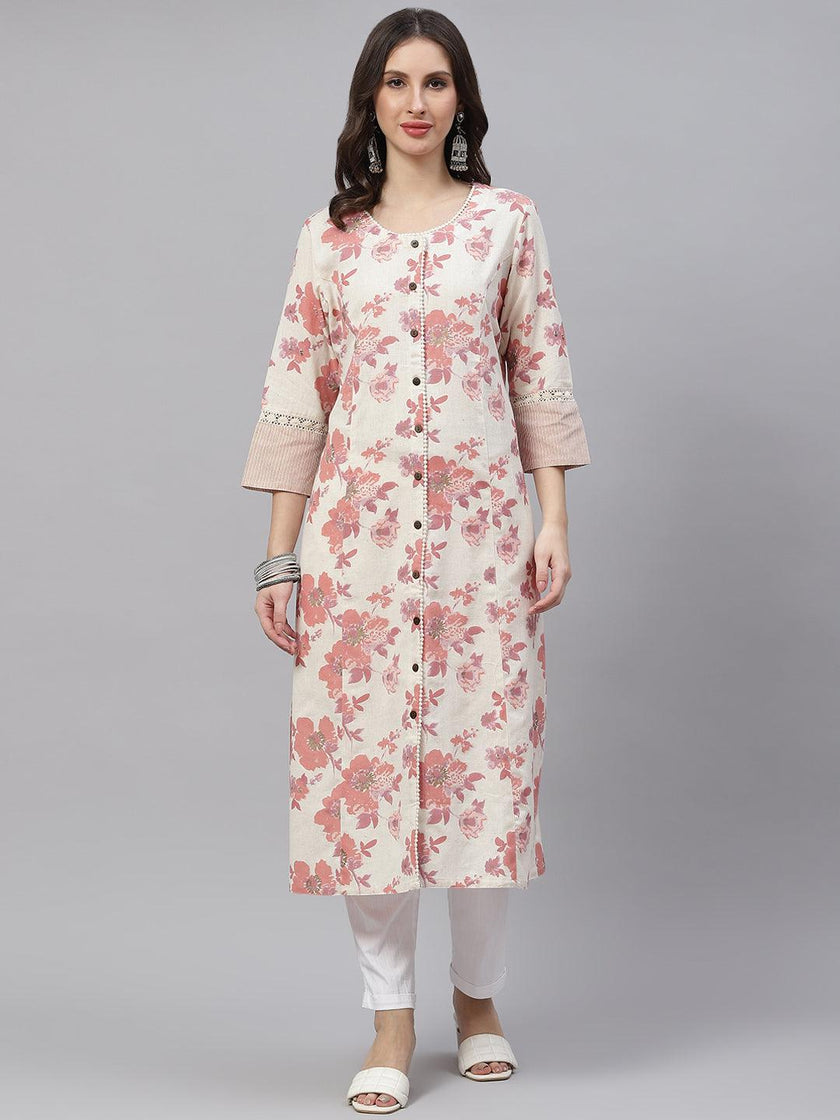 Divena Cream Floral cotton flex A-Line Kurta - divena world