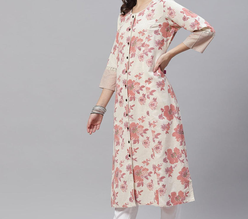 Divena Cream Floral cotton flex A-Line Kurta - divena world