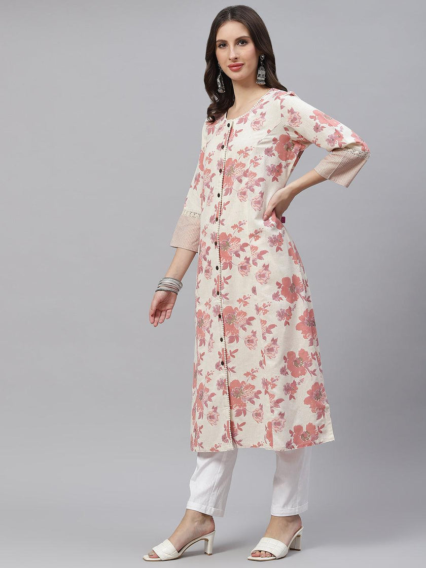 Divena Cream Floral cotton flex A-Line Kurta - divena world