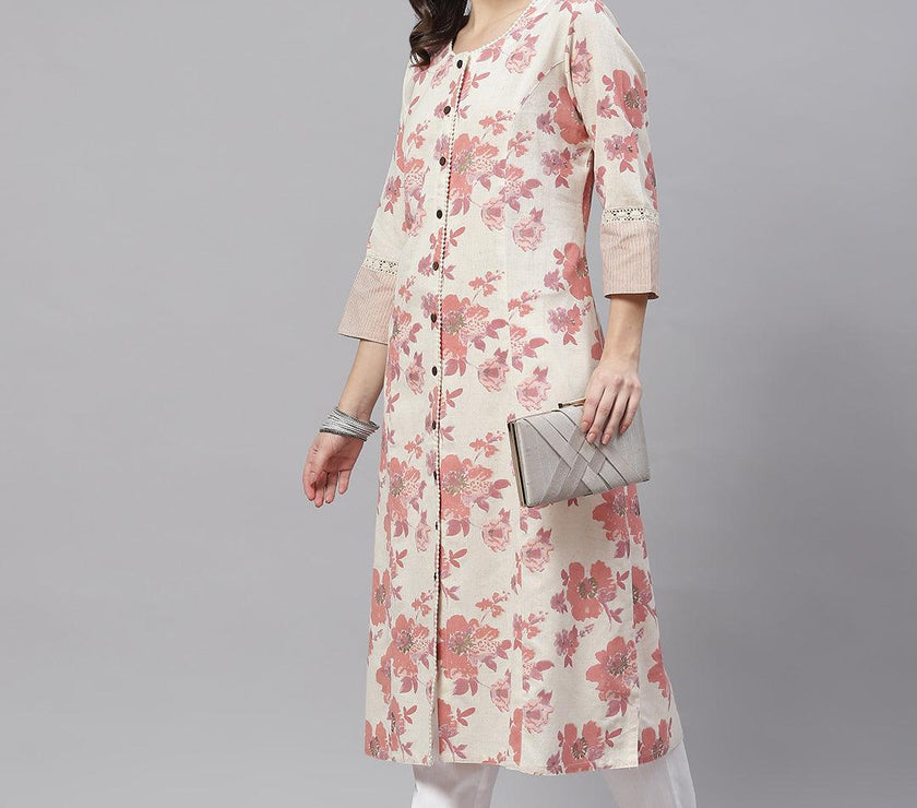 Divena Cream Floral cotton flex A-Line Kurta - divena world