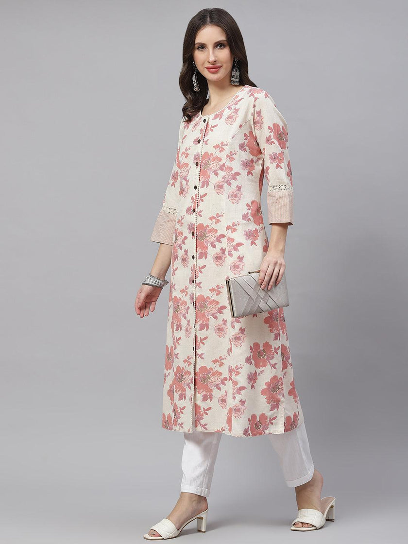 Divena Cream Floral cotton flex A-Line Kurta - divena world