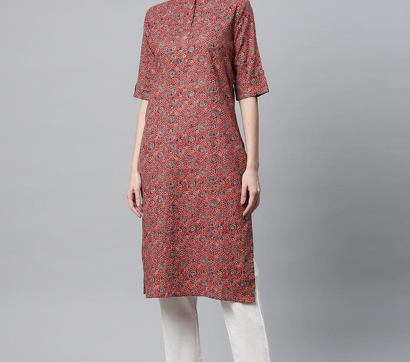 Divena Red and Blue Cotton Straight Kurta - divena world