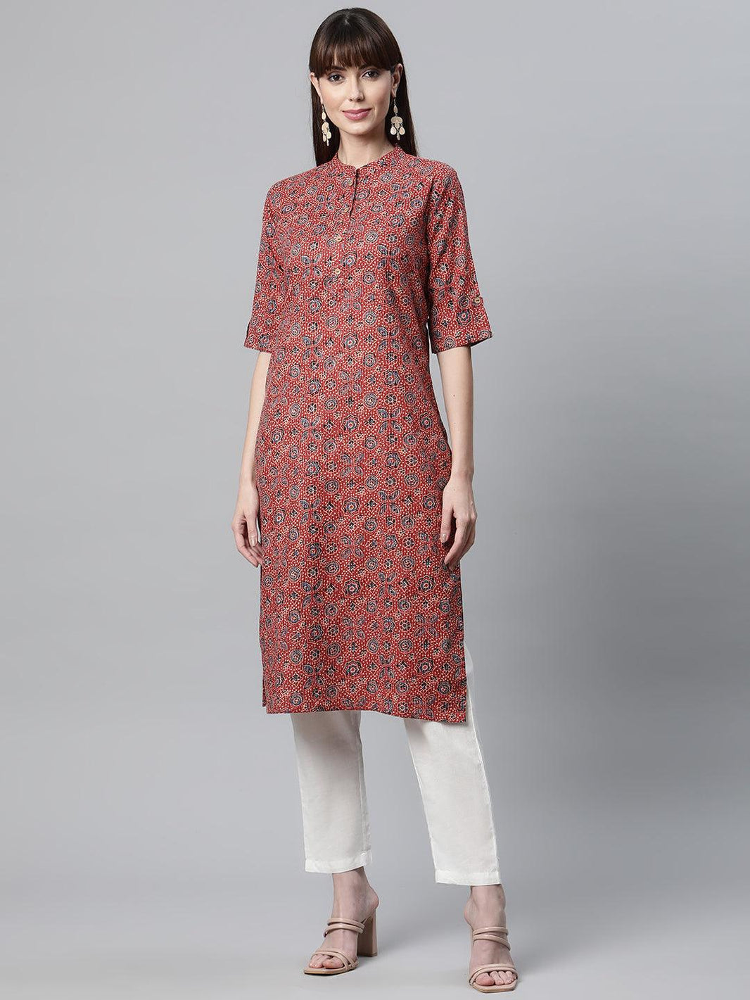 Divena Red and Blue Cotton Straight Kurta - divena world