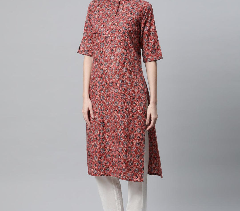 Divena Red and Blue Cotton Straight Kurta - divena world