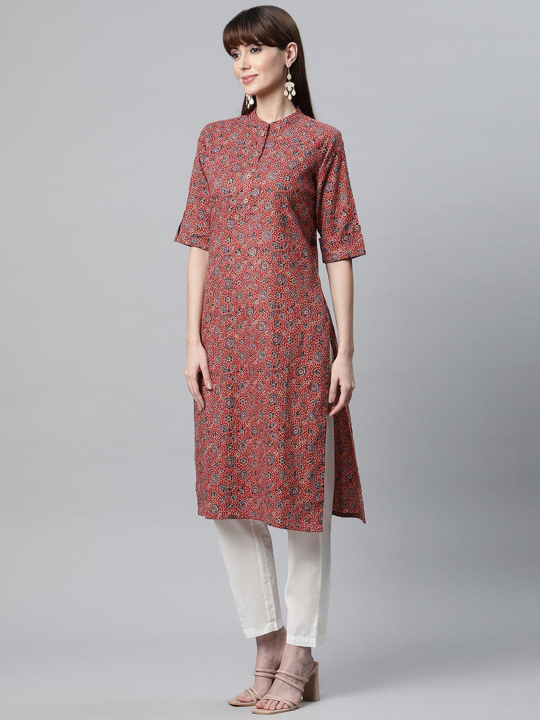 Divena Red and Blue Cotton Straight Kurta - divena world