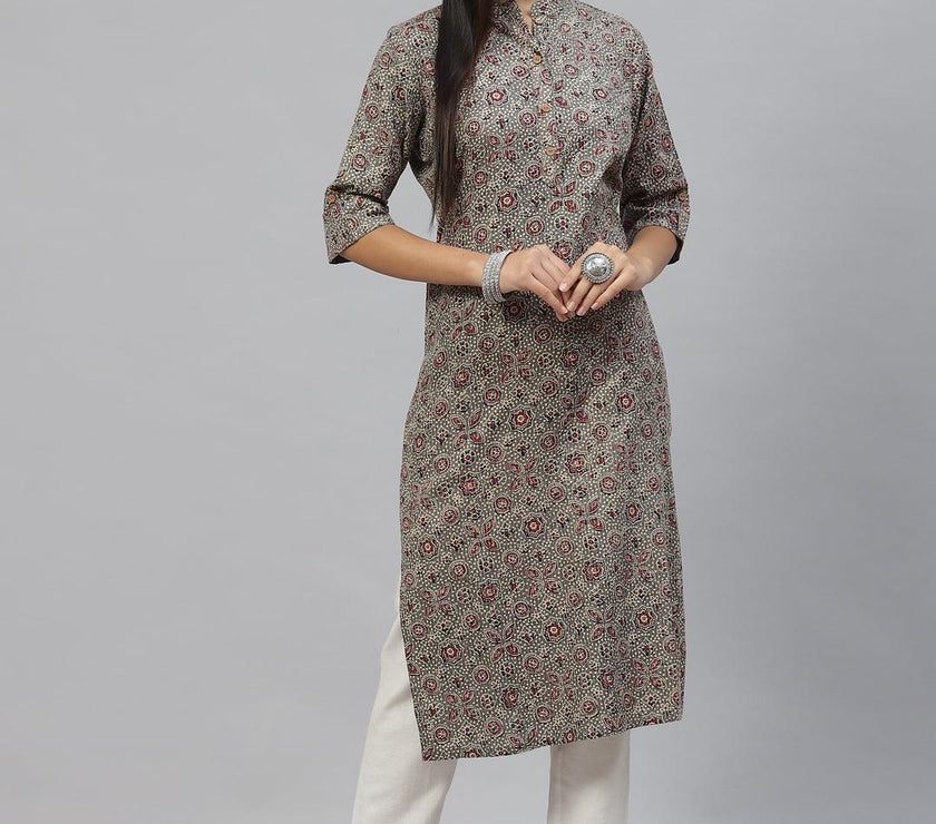 Divena Dark Gray and Maroon Cotton Straight Kurta - divena world