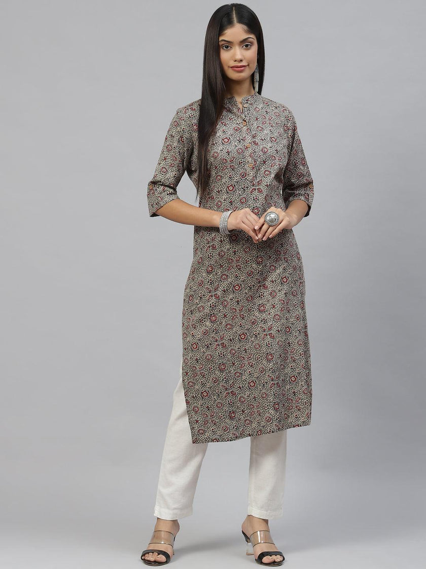 Divena Dark Gray and Maroon Cotton Straight Kurta - divena world