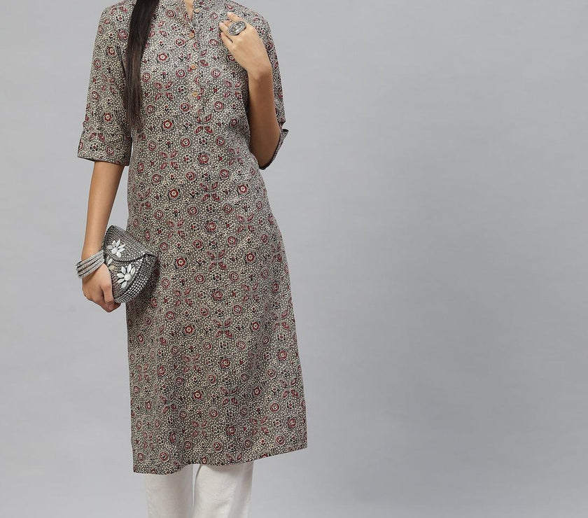 Divena Dark Gray and Maroon Cotton Straight Kurta - divena world