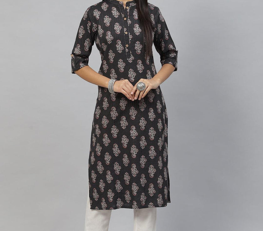 Divena Black and Grey Cotton Straight Kurta - divena world