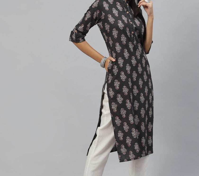 Divena Black and Grey Cotton Straight Kurta - divena world