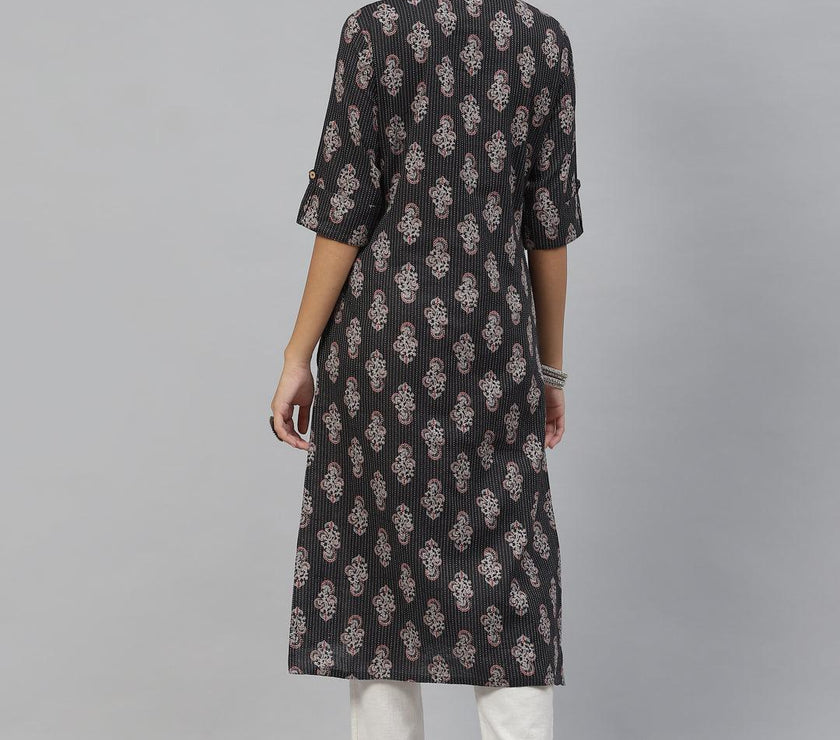 Divena Black and Grey Cotton Straight Kurta - divena world