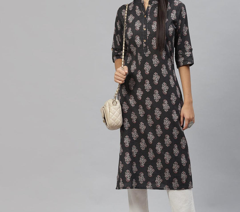 Divena Black and Grey Cotton Straight Kurta - divena world