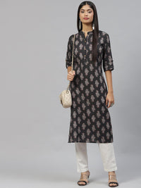 Divena Black and Grey Cotton Straight Kurta - divena world