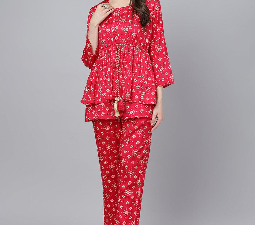 Divena Bandhani Megenta Muslin Three Piece Top Pant Set with Peplum Jecket - divena world