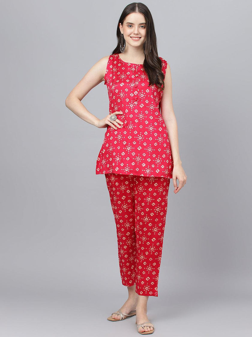 Divena Bandhani Megenta Muslin Three Piece Top Pant Set with Peplum Jecket - divena world