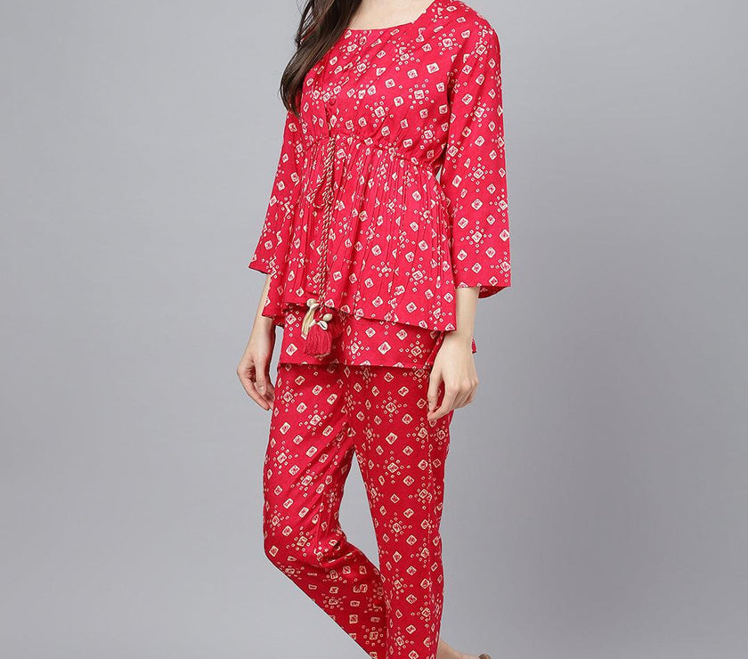 Divena Bandhani Megenta Muslin Three Piece Top Pant Set with Peplum Jecket - divena world