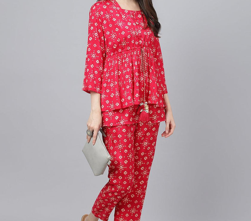 Divena Bandhani Megenta Muslin Three Piece Top Pant Set with Peplum Jecket - divena world