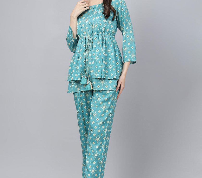 Divena Bandhani Teal Muslin Three Piece Top Pant Set with Peplum Jecket - divena world