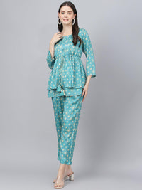 Divena Bandhani Teal Muslin Three Piece Top Pant Set with Peplum Jecket - divena world