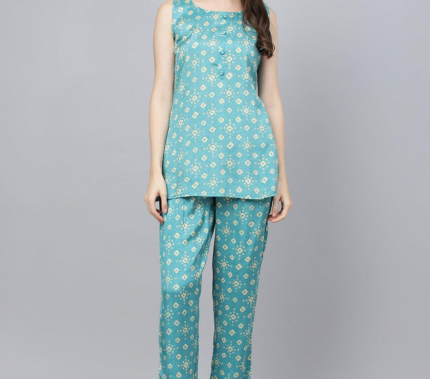 Divena Bandhani Teal Muslin Three Piece Top Pant Set with Peplum Jecket - divena world