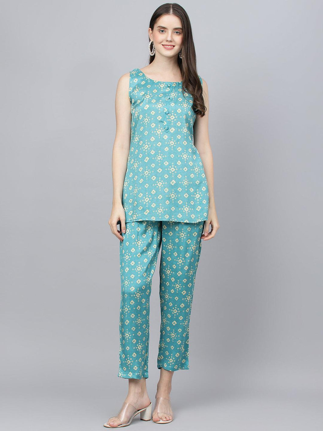 Divena Bandhani Teal Muslin Three Piece Top Pant Set with Peplum Jecket - divena world