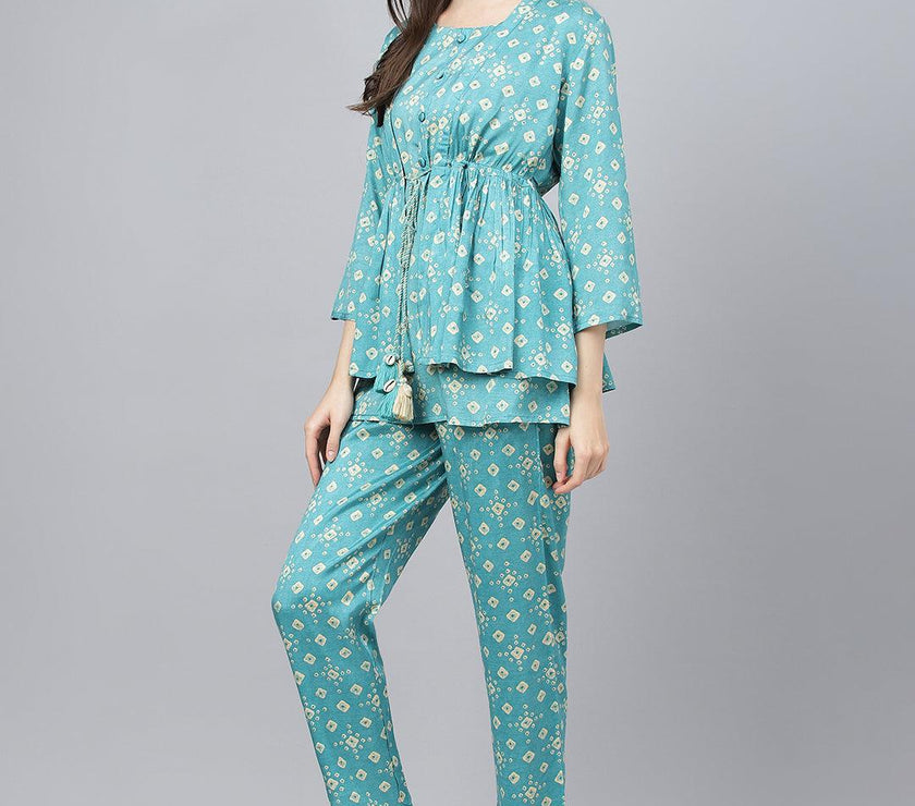 Divena Bandhani Teal Muslin Three Piece Top Pant Set with Peplum Jecket - divena world