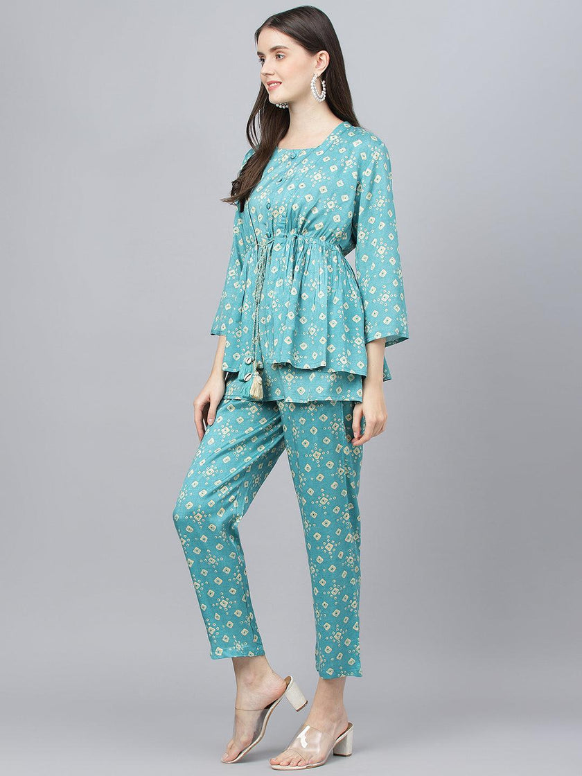 Divena Bandhani Teal Muslin Three Piece Top Pant Set with Peplum Jecket - divena world