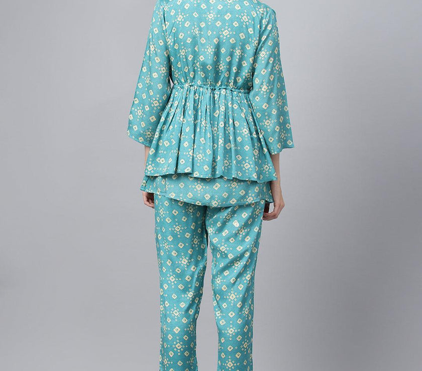 Divena Bandhani Teal Muslin Three Piece Top Pant Set with Peplum Jecket - divena world