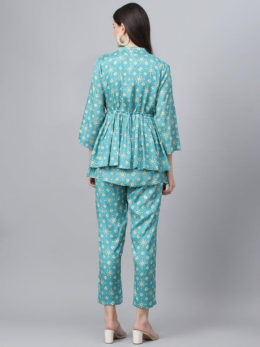 Divena Bandhani Teal Muslin Three Piece Top Pant Set with Peplum Jecket - divena world