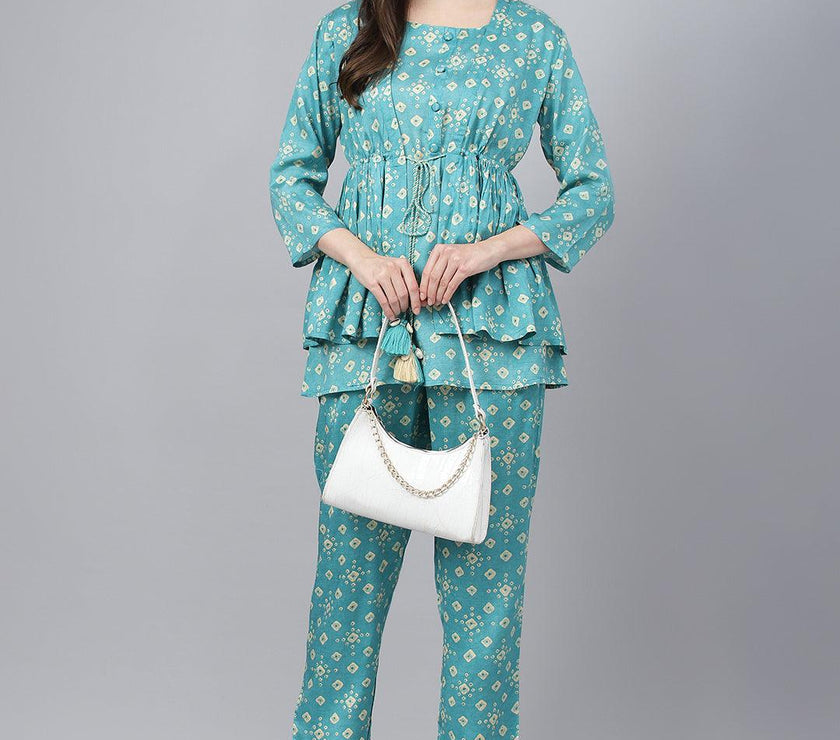 Divena Bandhani Teal Muslin Three Piece Top Pant Set with Peplum Jecket - divena world