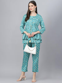 Divena Bandhani Teal Muslin Three Piece Top Pant Set with Peplum Jecket - divena world