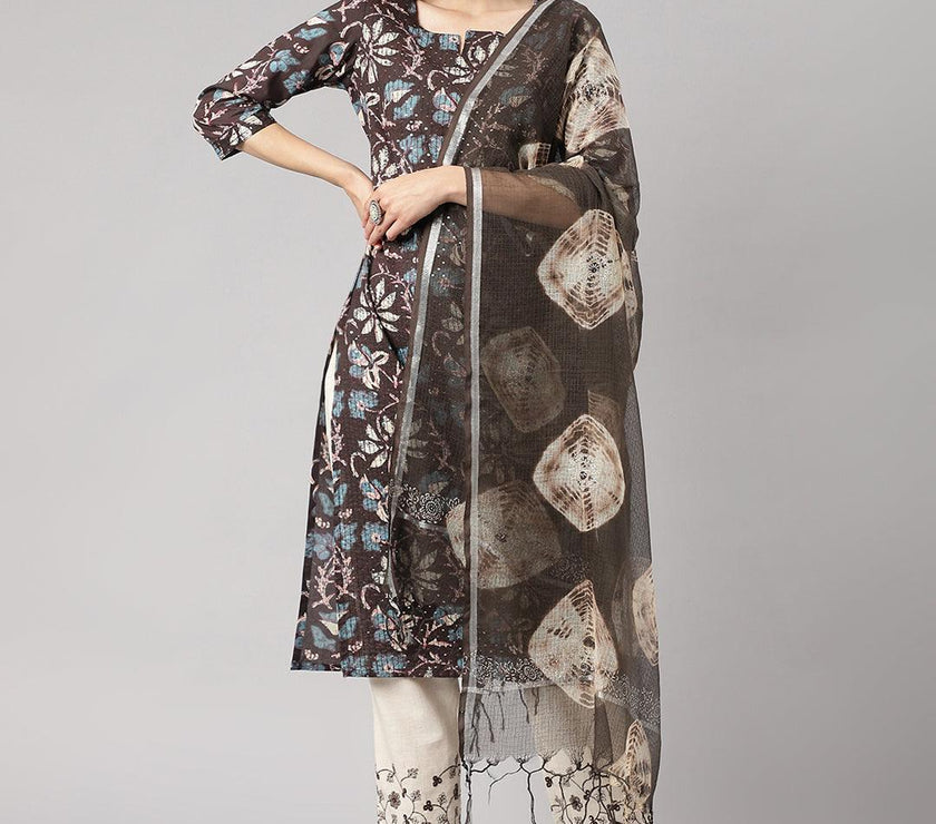 Divena Black Floral Cotton Kurta pant Set with Dupatta - divena world