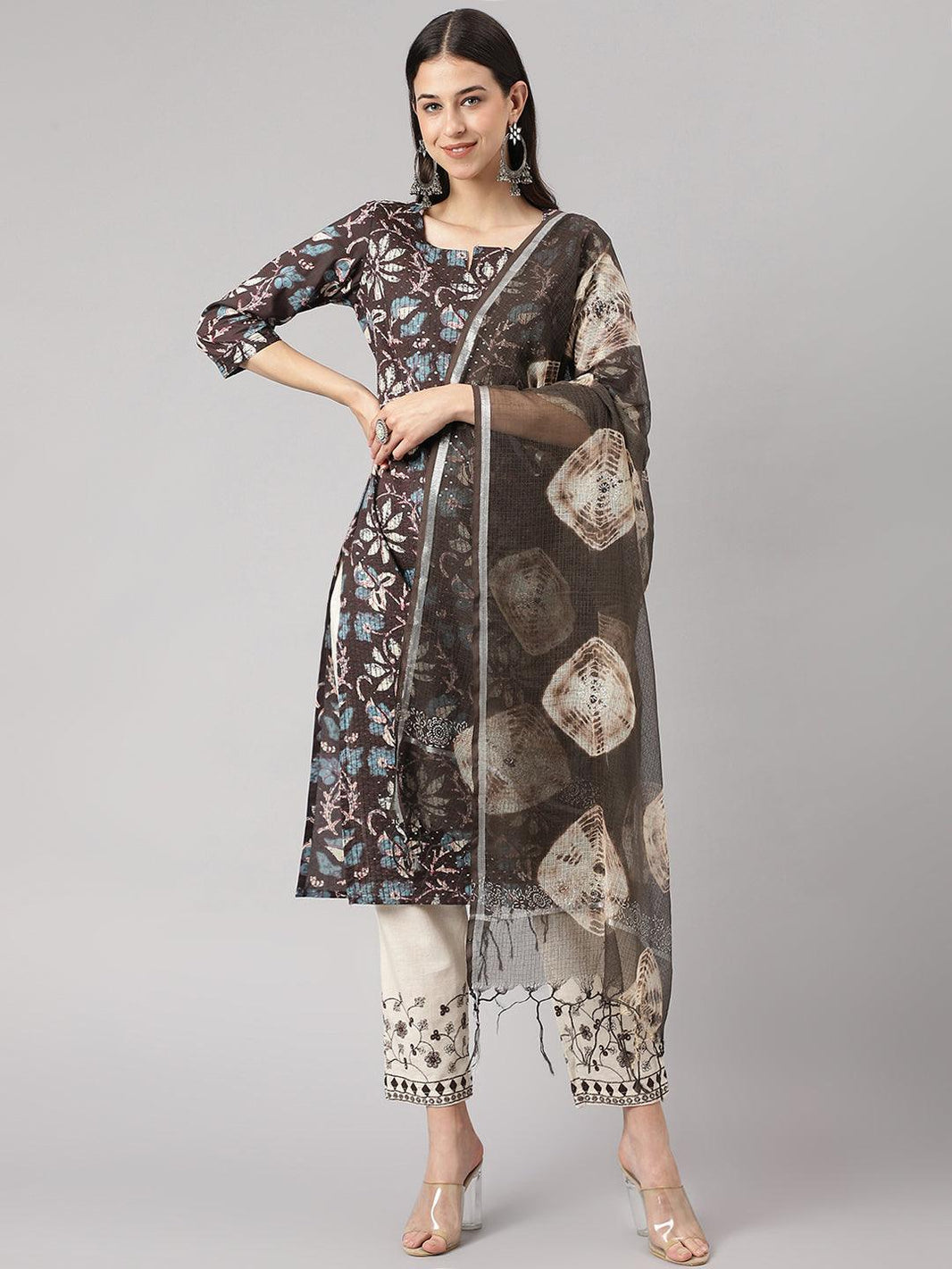 Divena Black Floral Cotton Kurta pant Set with Dupatta - divena world