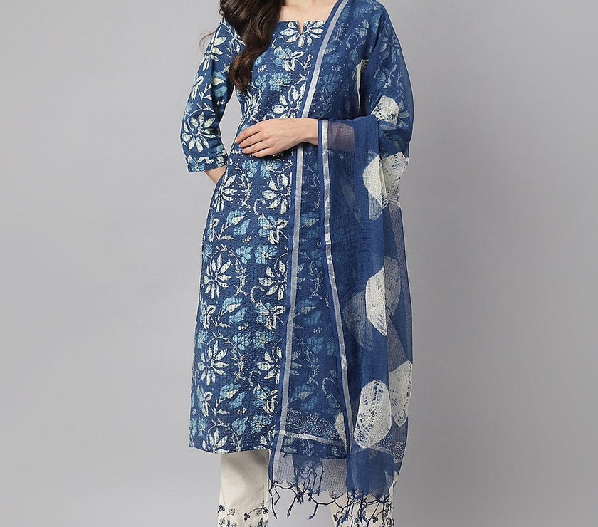 Divena Indigo Floral Cotton Kurta pant Set with Dupatta - divena world