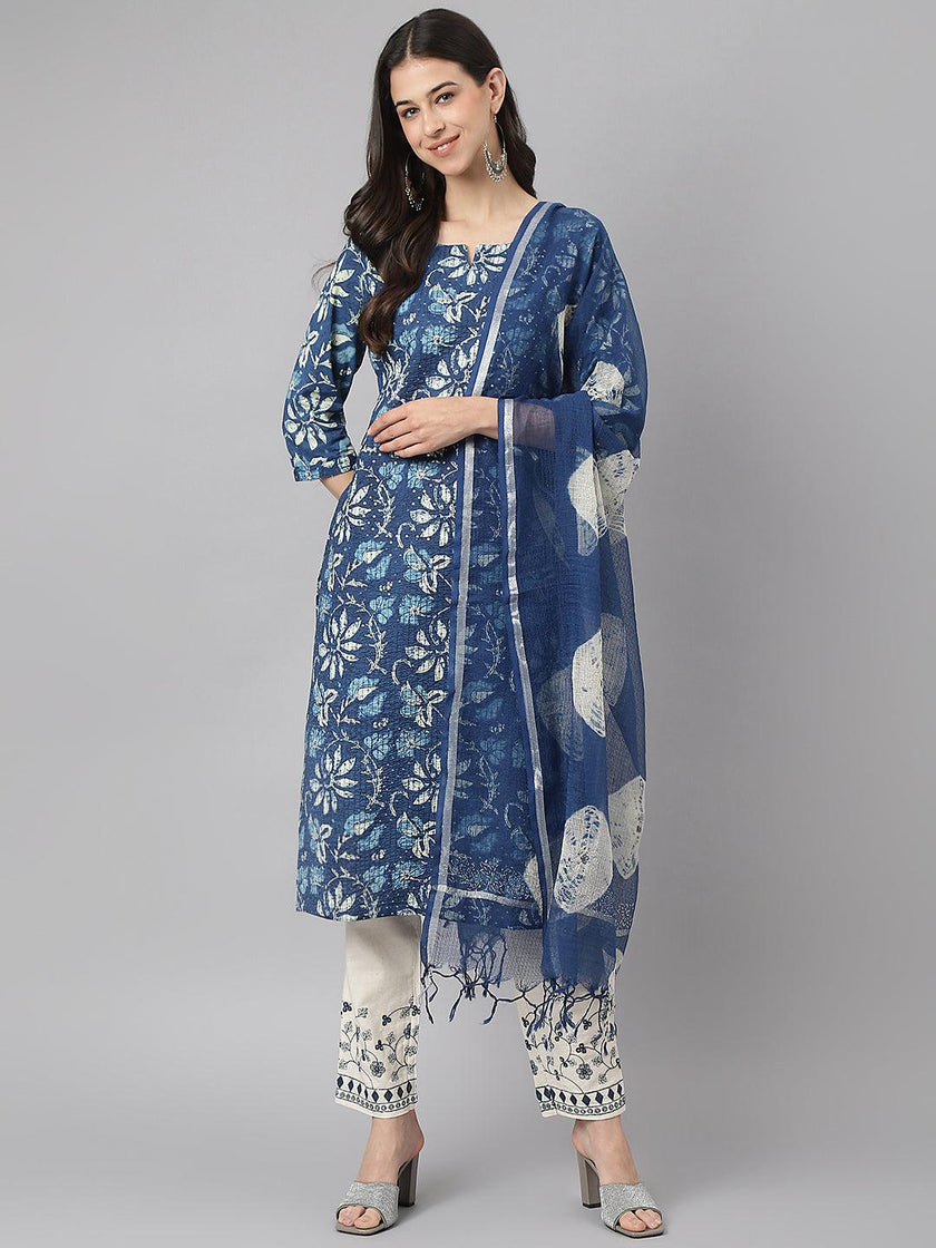 Divena Indigo Floral Cotton Kurta pant Set with Dupatta - divena world