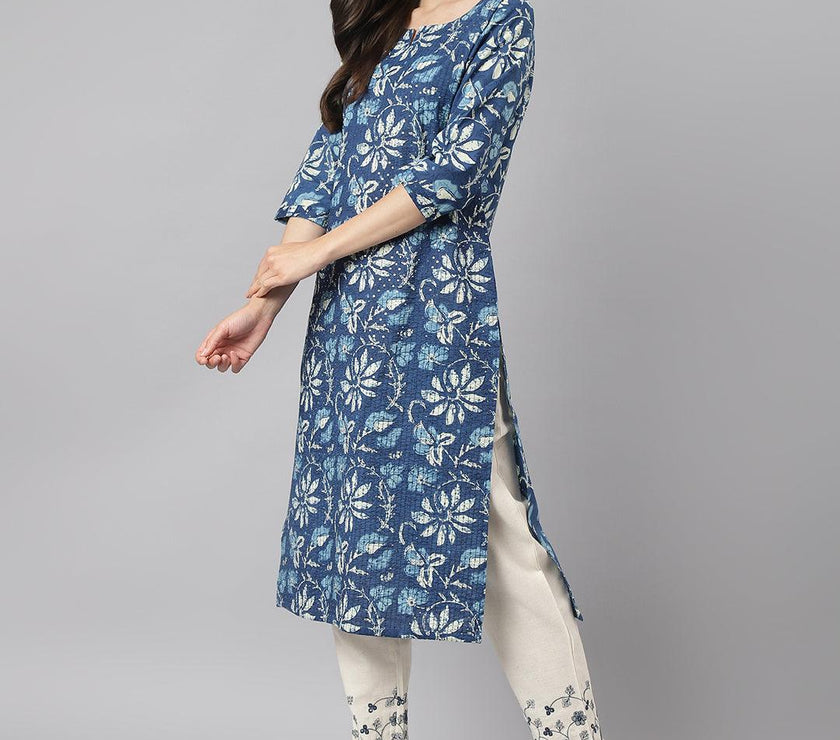 Divena Indigo Floral Cotton Kurta pant Set with Dupatta - divena world