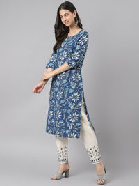 Divena Indigo Floral Cotton Kurta pant Set with Dupatta - divena world