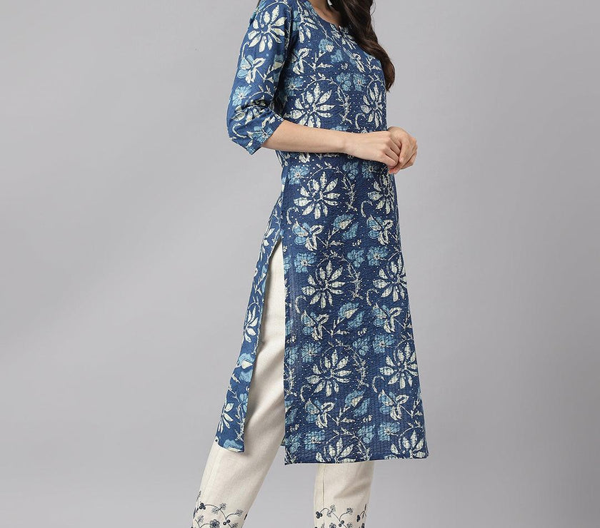 Divena Indigo Floral Cotton Kurta pant Set with Dupatta - divena world