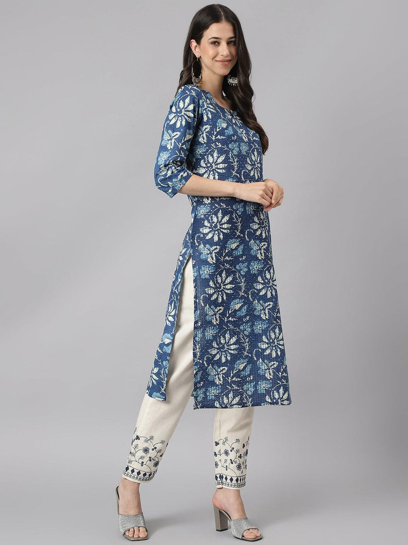 Divena Indigo Floral Cotton Kurta pant Set with Dupatta - divena world