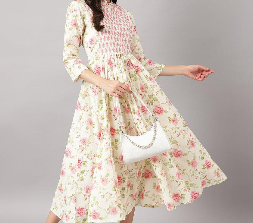 Divena Cream Cotton Yoke Work Gathered Kurta - divena world