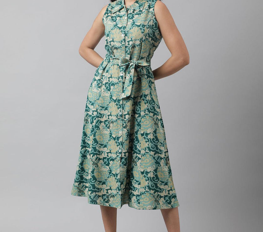 Divena Rayon Light Green A-Line Floral Printed Midi Dress - divena world