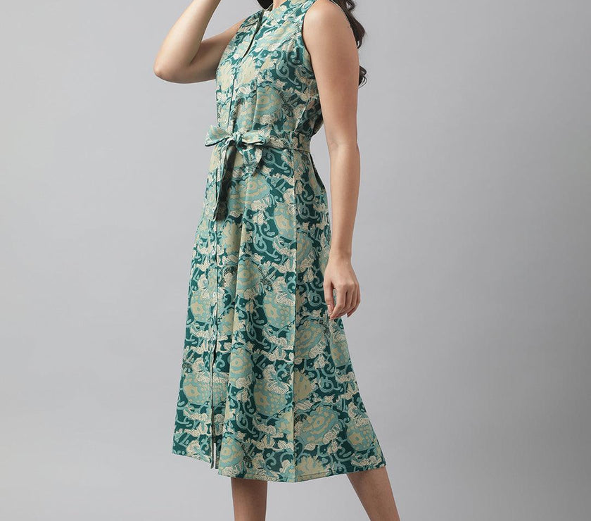 Divena Rayon Light Green A-Line Floral Printed Midi Dress - divena world