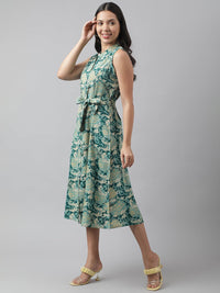 Divena Rayon Light Green A-Line Floral Printed Midi Dress - divena world